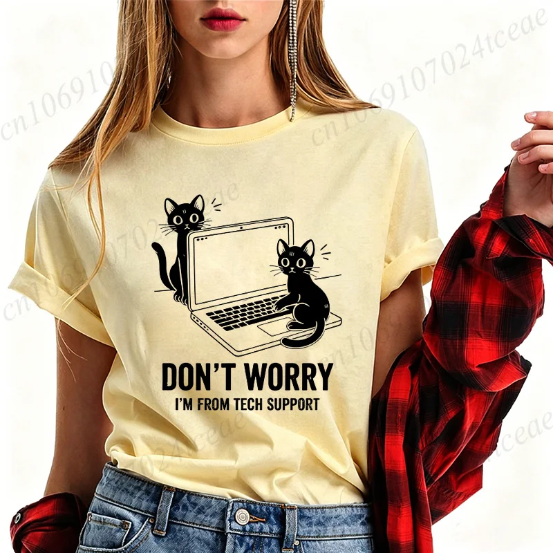 Funny Geek Women T-shirt Don't Worry I'm From Tech Support Black Cat Print IT Tech Support Humor Graphic Short Sleeve Tee Gifts