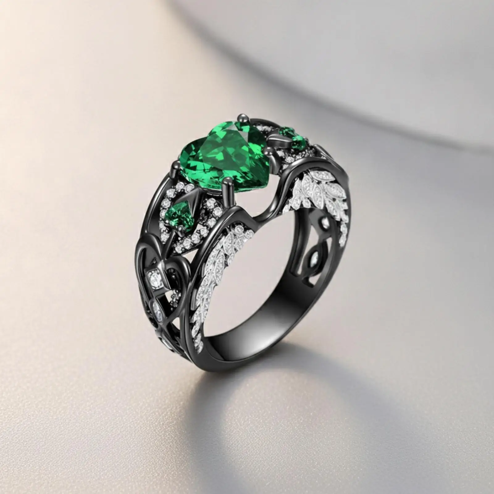 Sparkling Crystal Heart Ring for Women Vintage Style Ornate Openwork Band Leaf Relief Detail Dressy Jewelry Accessory
