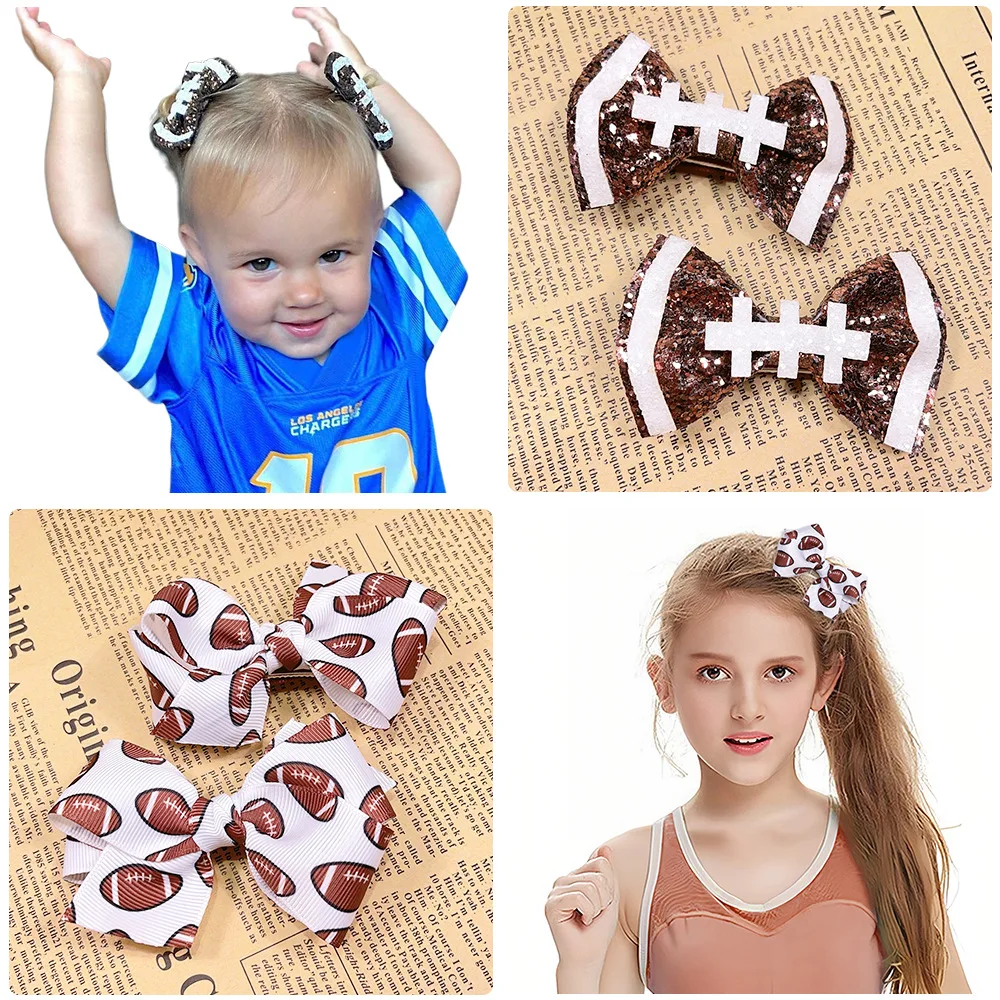 Rugby Game Hair Clip For Girls Teens Kids Grosgrain Bow American Football Haipin Sports Headdress