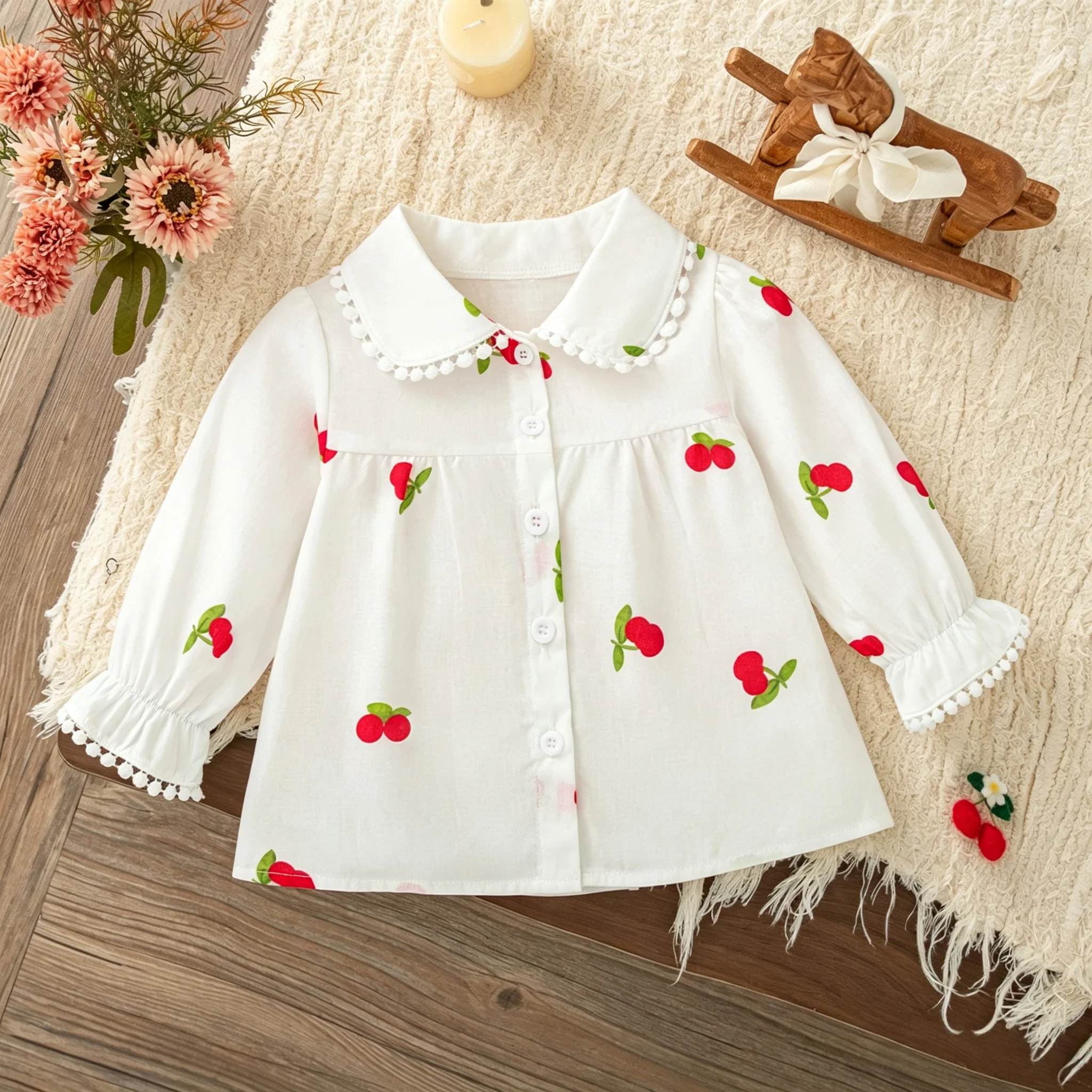 Autumn White Embroidery Baby Girl Long Sleeved Cherry Shirts Simple Fashion Cotton Comfortable Soft Lapel Casual Toddler Tops