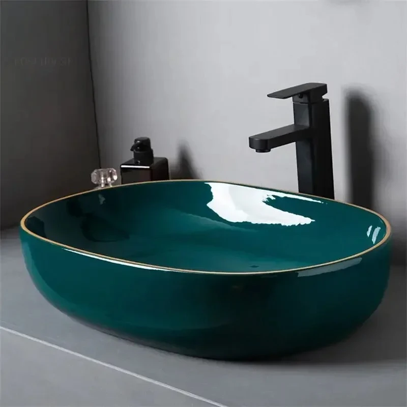 

Nordic Ceramic Bathroom Sink Green Design Countertop Basin Washbasin Outdoor Courtyard Single Basin Balcony Wash Basin