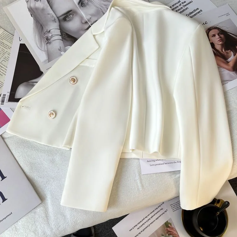 Zweireihige weiße Anzugjacke für Damen, schlank, Frühling, einfarbig, Temperament, langärmelig, kurz