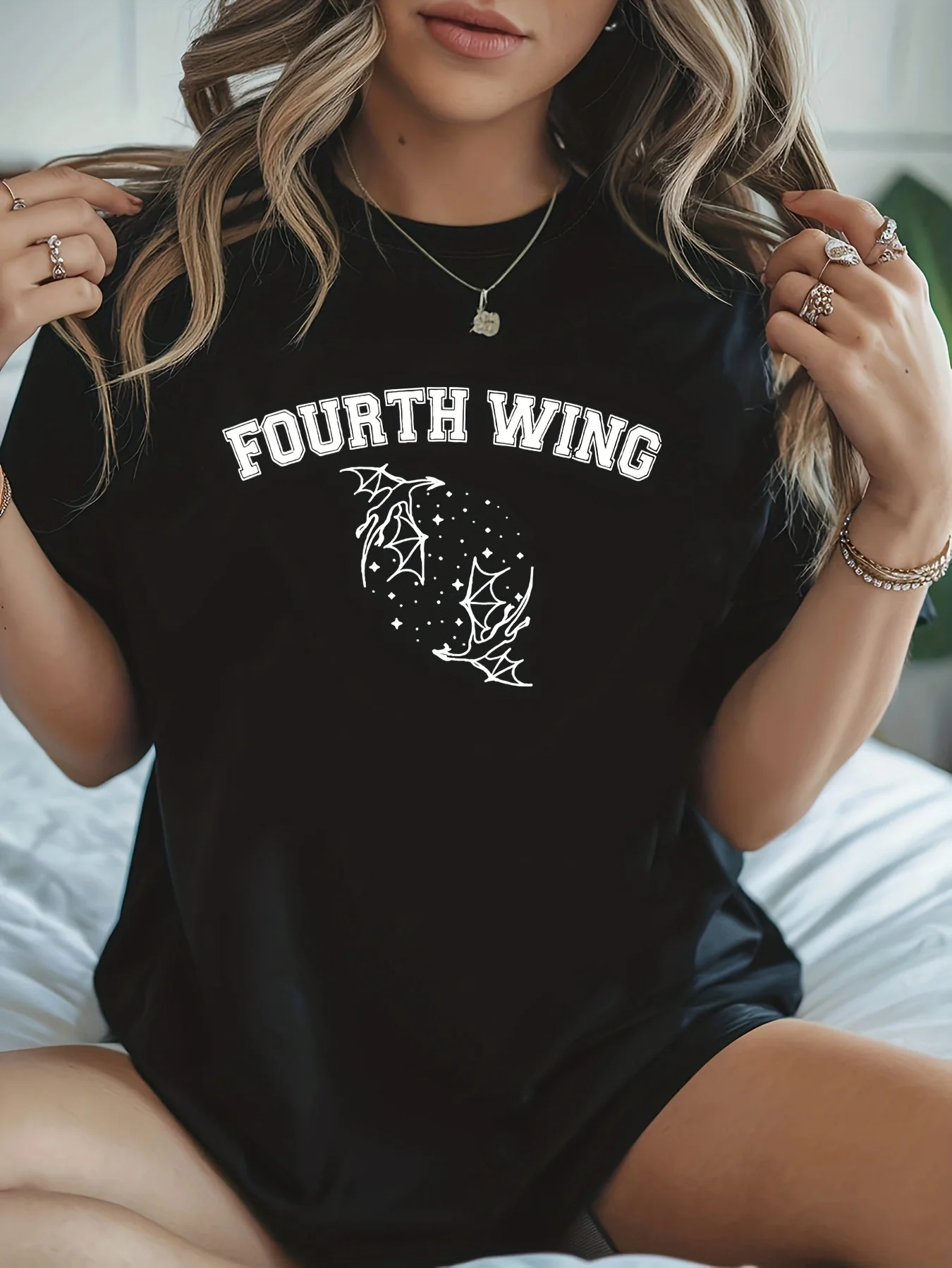 

Women's Short Sleeve T shirt FOURTH WING Letter Print Crew Neck Casual Top For Summer & Spring