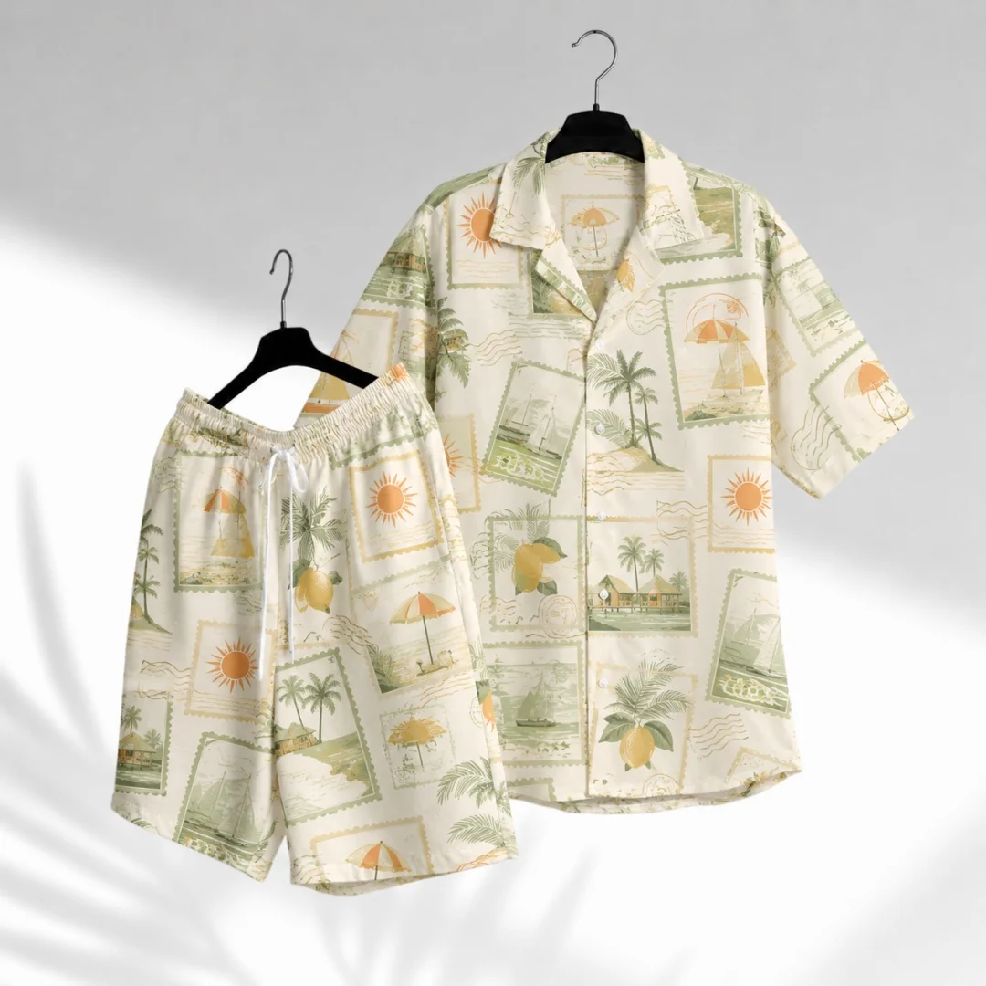 Men Hawaiian 2‑Piece Set Vintage Postcard Stamp Island Palm Tree Mango Print Short‑Sleeve Shirt Women Summer Vacation Outfit