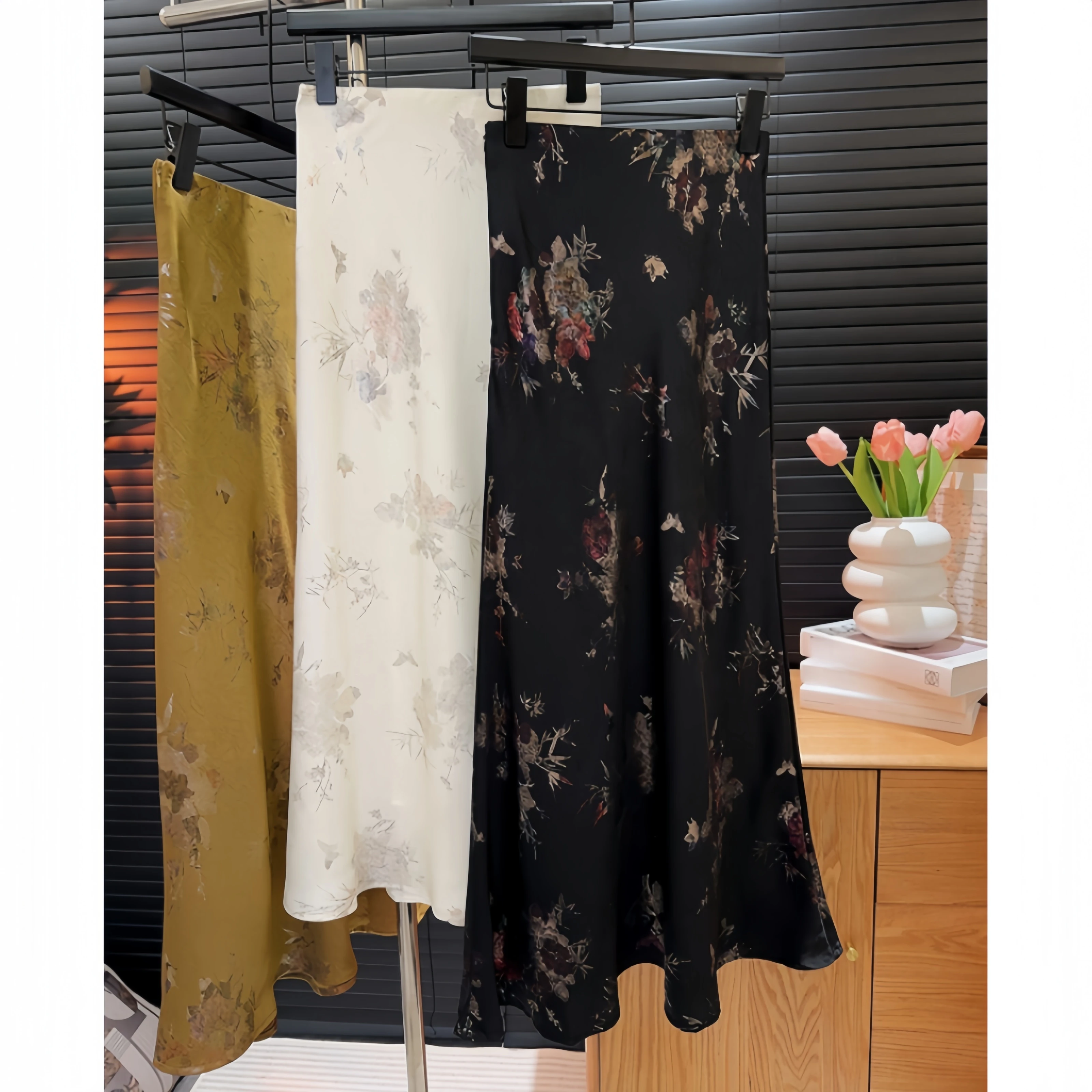 Seoulish New Chinese Style Satin Mermaid Maxi Skirt Ladies Printed Split Slim Wrap Hip Long Skirt Summer Elegant A Line Skirts