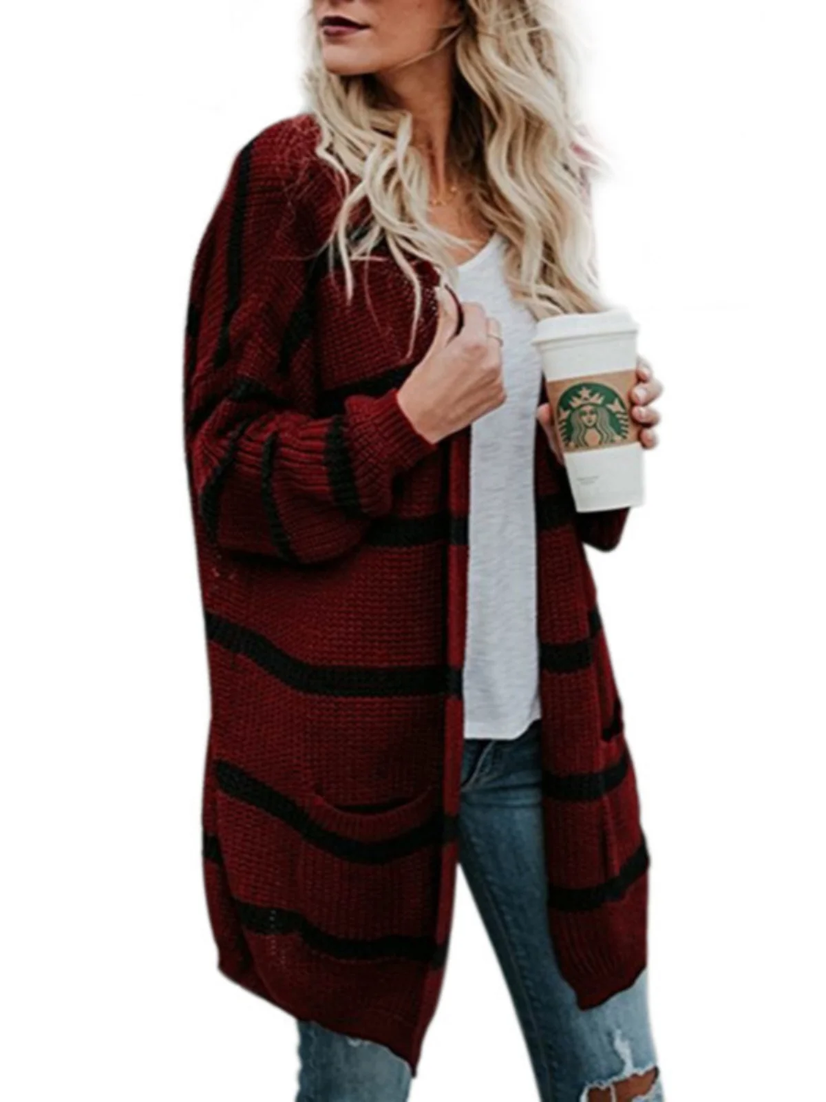 

Полосатый длинный светящийся свободный свитер, пальто, цвет блузки, открытый кардиган, трикотаж, V-Ne, зимний женский модный повседневный полиэстер