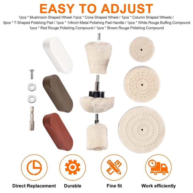 ABSE-10 Pcs Buffing Pad Polishing Wheel Kits With 3Pcs Rouge Compound With 1/4 Inch Handle, For Manifold, Aluminum, Stainless St