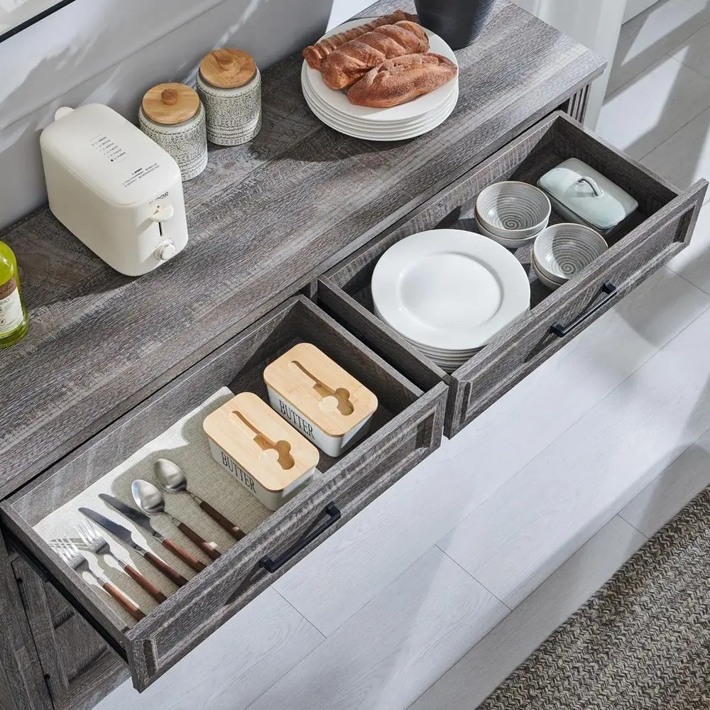 خزانة بوفيه باللون الرمادي الداكن مقاس 55 بوصة مع 3 أبواب ودرجين لتخزين الطعام أو غرفة المعيشة