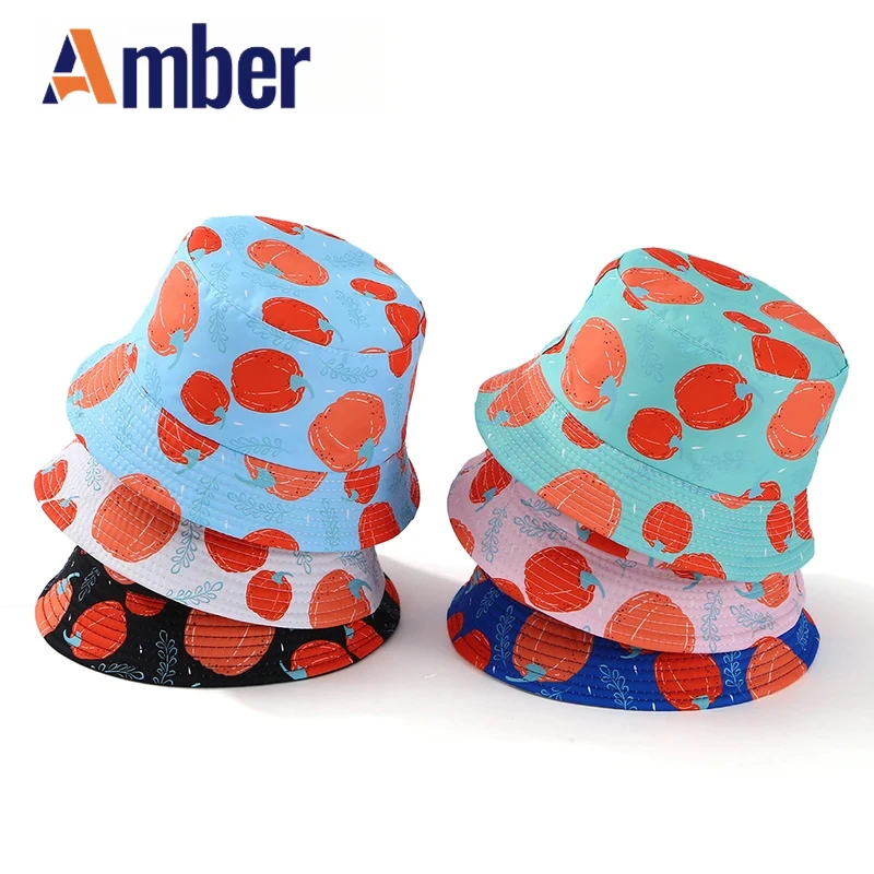 

Amber Children Printing Bucket Hat Boys Girls Kids Fisherman Hats Cartoon Pumpkin Pattern Panama Cap Reversible Summer Sunscreen