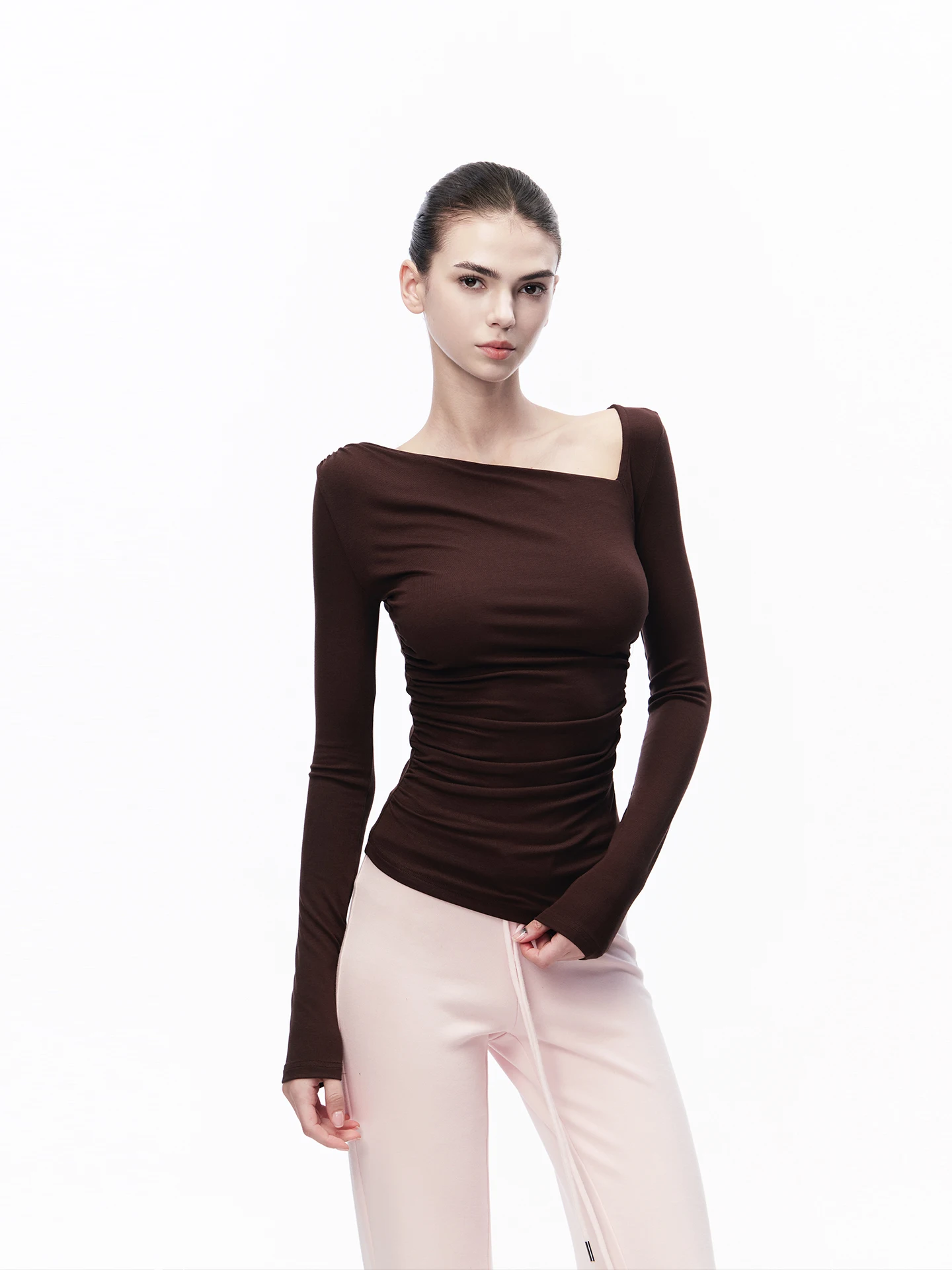 JLAUNT American Retro Long Sleeve Women's T-shirt Slim Fit Waist Cinch Shoulder Bared Inner Wear Base Shirt Sexy Girl Casual Top