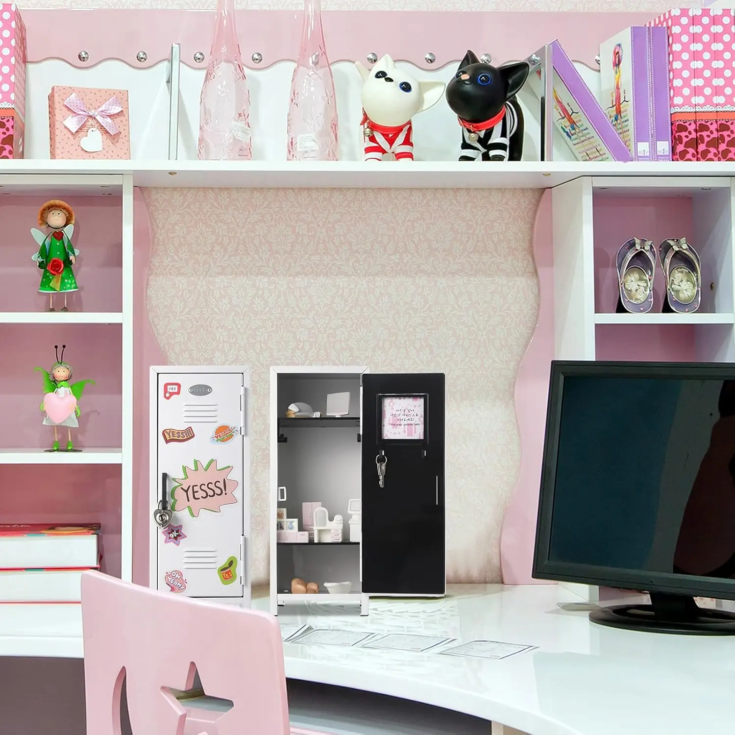 White Mini Metal Locker with Lock, Keys, and Stickers for Desktop Storage - 10.8 Inch Small Safe