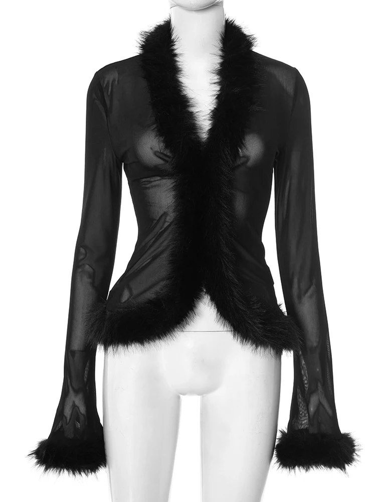 سترة علوية نسائية مثيرة شفافة من Leosoxs بأكمام طويلة مكشوفة على الطراز البري ملابس الشارع الشهير من Leosoxs