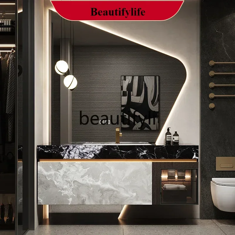 

A185 Italian light luxury bathroom cabinet combination luxury stone seamless ceramic basin toilet washstand
