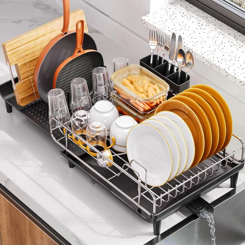 

Large Collapsible Countertop Dish Drainer with Pan & Pot Holder, Stainless Steel Dish Strainer with Cup & Utensil Holder