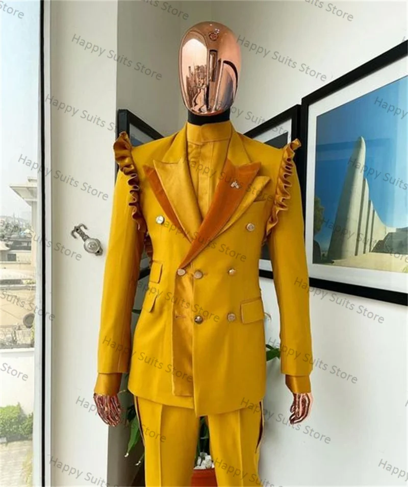 Blazer et pantalon en coton jaune imbibé pour hommes, veste de bureau formelle, manteau à double boutonnage, smoking de marié de mariage, FJJ personnalisé, 2 pièces