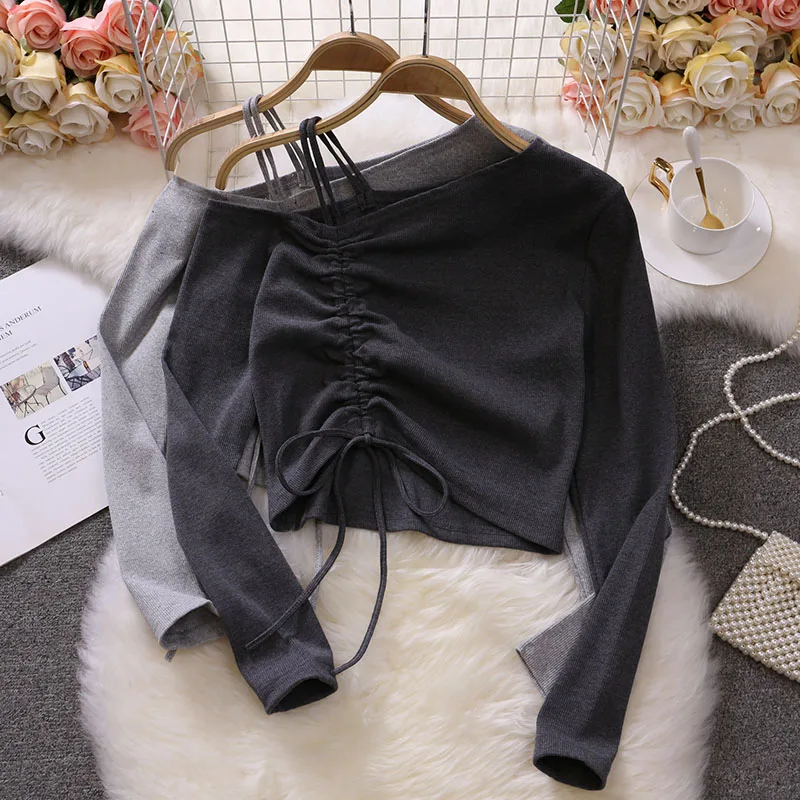 Women Sexy Off The Shoulder Strap T-shirt Women Diagonal-Collar Long Sleeve Slim Tops Autumn Korean Short Blouses