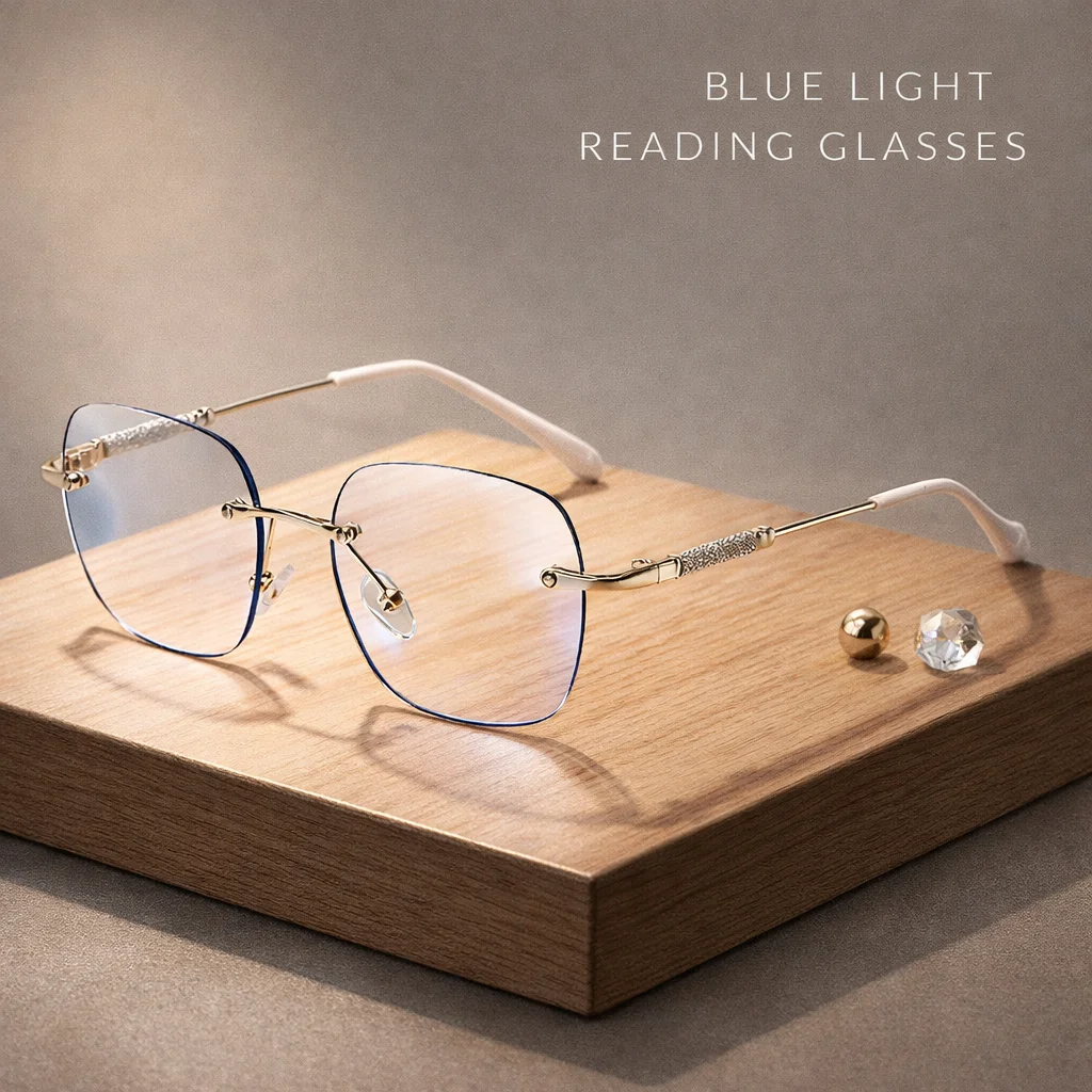 1 Stück randlose Lesebrille mit quadratischem Rahmen, Anti-Blaulicht, Metall, übergroße klare Gläser, ultraleichte Lesebrille für Männer und Frauen, für den täglichen Gebrauch