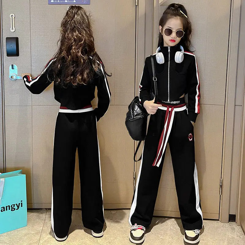 Childrens Teenager Girls Clothing Set Casual Sportwear Striped Short Zipper Coats+Wide Leg Pant 2pcs Suit  3 5 7 9 12 14 15 Year