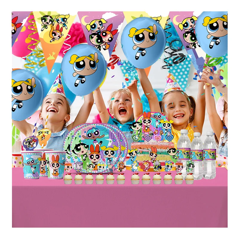 The Powerpuff Girls Gender Reveal Party Supplies Boy or Girl Disposable Napkins Cups Tablecloth Banner Latex Balloon Decorations