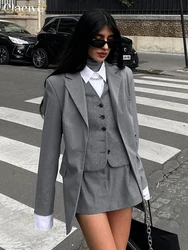 Clacive Fashion Loose Gray Office Women's Two Pieces Set 2025 Elegant Long Sleeve Blazer With High Waist Mini Skirt Set Female