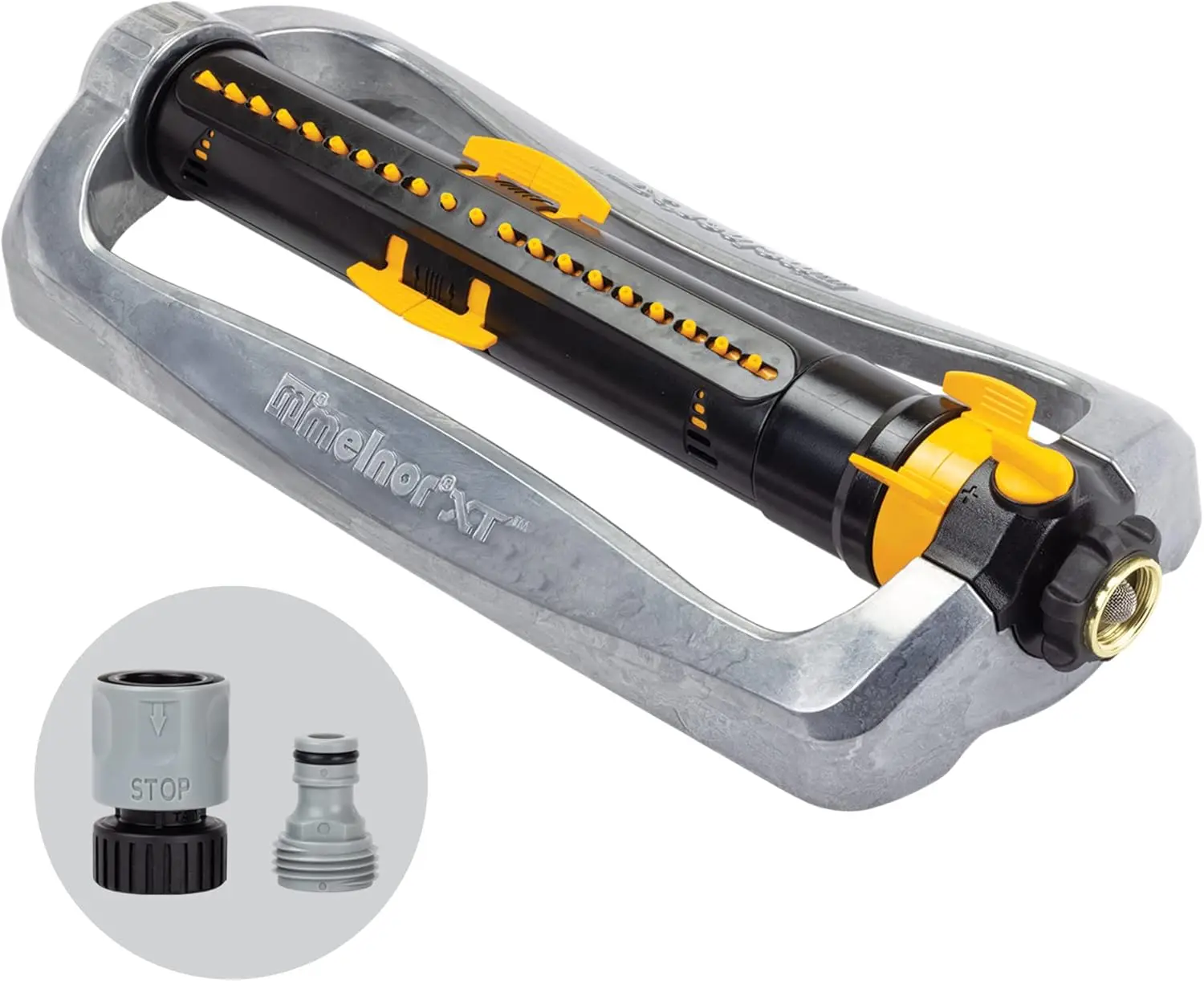 

65154AMZ XT Turbo Oscillating Sprinkler, Metal Base, 4,500 sq. ft., Quick Connect Bundle, 3-Way Adjustable, Black, Yellow