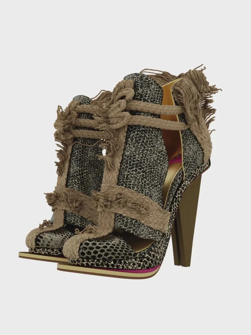 Sandálias femininas retrô com corda de cânhamo vazada, decorativas, bico redondo, salto cônico, tira no tornozelo