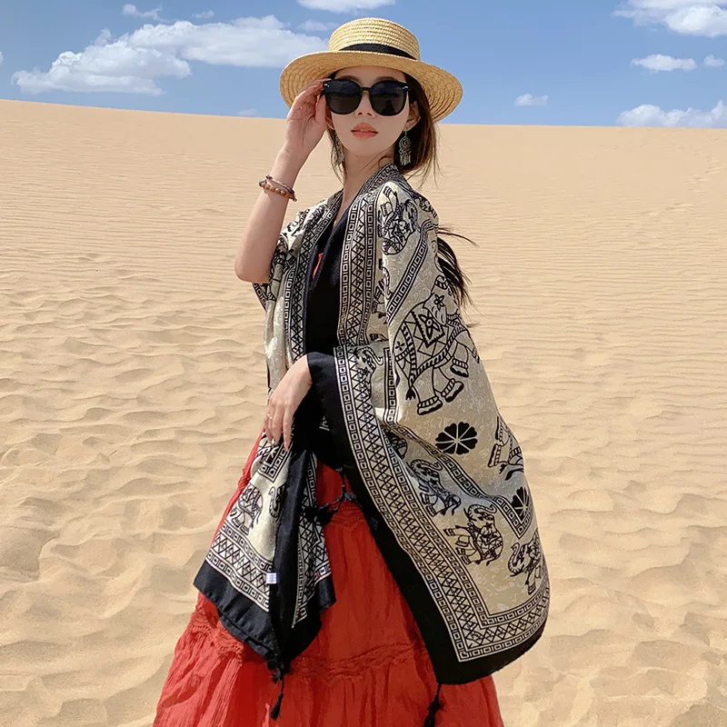 Spring Summer Women Scarf Elephant Print Tassels Hijab Lady All-match Luxury Scarves Female Travel Shawl Ethnic Style Capes