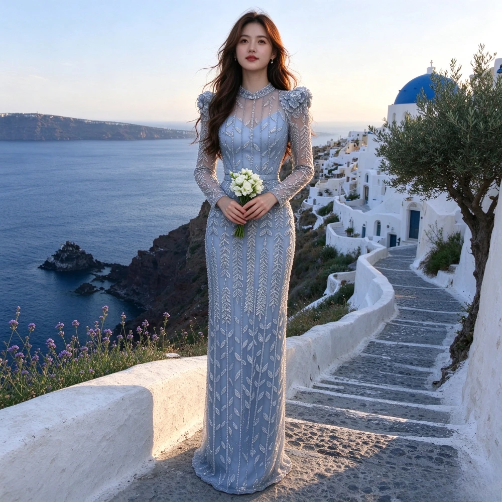 Customized Blue Bead Long Sleeved Straight Tube Evening Dresses 2026 High Neck Sequined Mermaid Dance Gown Suitable for Parties