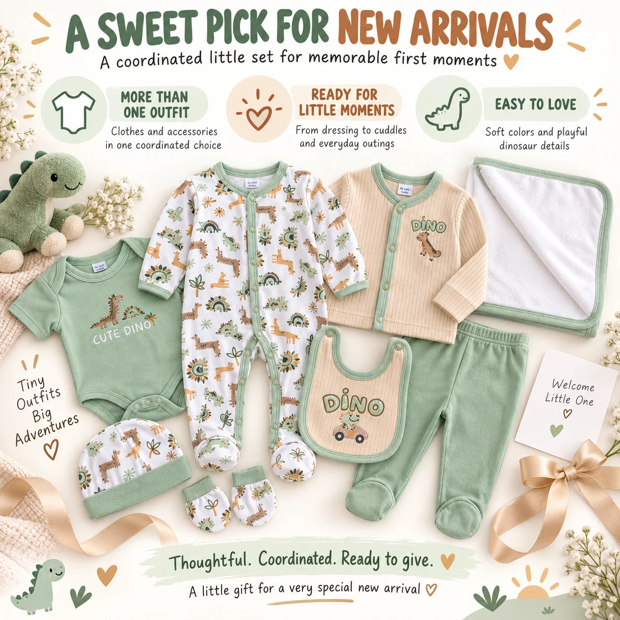 10Pcs Newborn Baby Clothes Set Cute Dinosaur Print Bodysuits Footed Romper Cardigan Pants Hat Mittens Bib Blanket