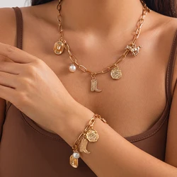 IngeSight.Z Ethnic Vintage Horse Cowboy Hat Boots Imitation Pearl Pendant Necklace Bracelet Woman Personality Party Jewelry Sets