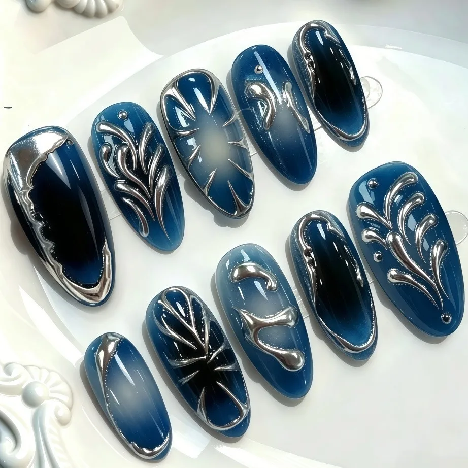 24 piezas de uñas postizas con lazo plateado y diamantes, estilo chica picante, con pegamento, en forma de almendra, negras, estilo Y2K 6