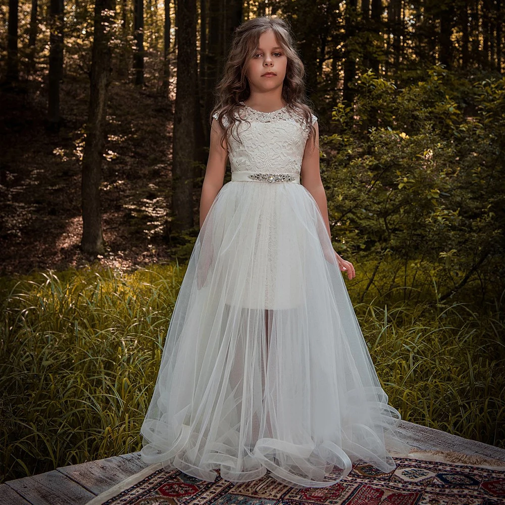 Robes de demoiselle d'honneur pour filles, appliques en dentelle de haute qualité, perles, boule à manches courtes, quelle que soit la première communion personnalisée, nouvelle arrivée