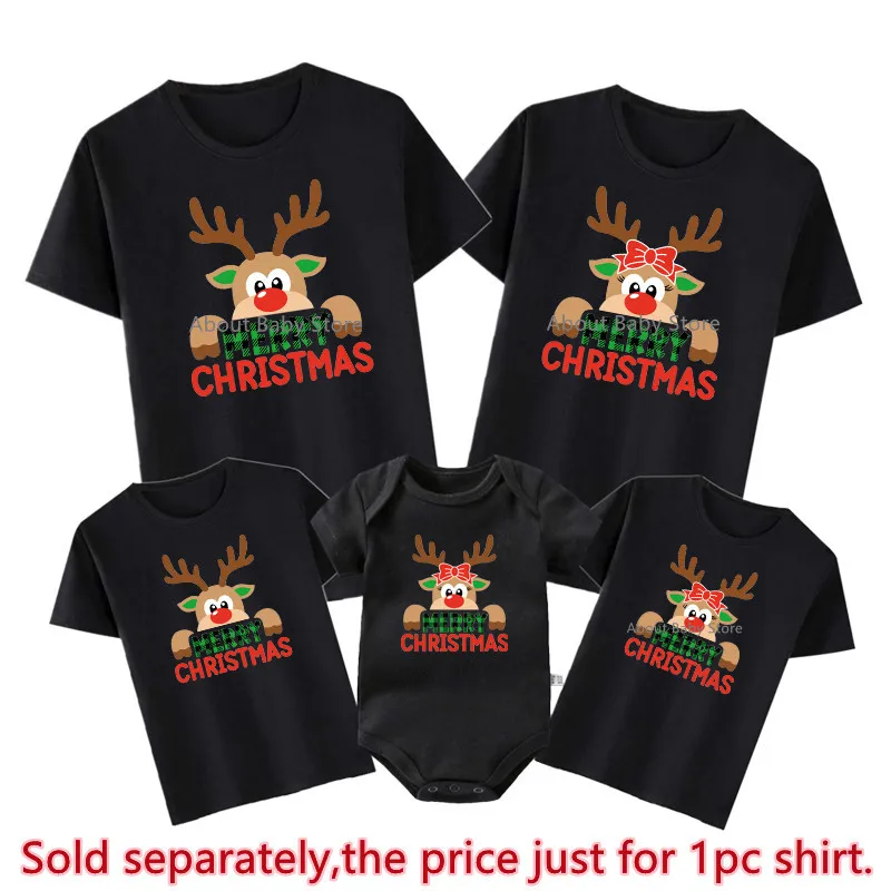 New Reindeer Merry Christmas Print Family Matching Shirts Cotton Look Dad Mom Kids Holiday Xmas T-shrits New Year\'s Outfits