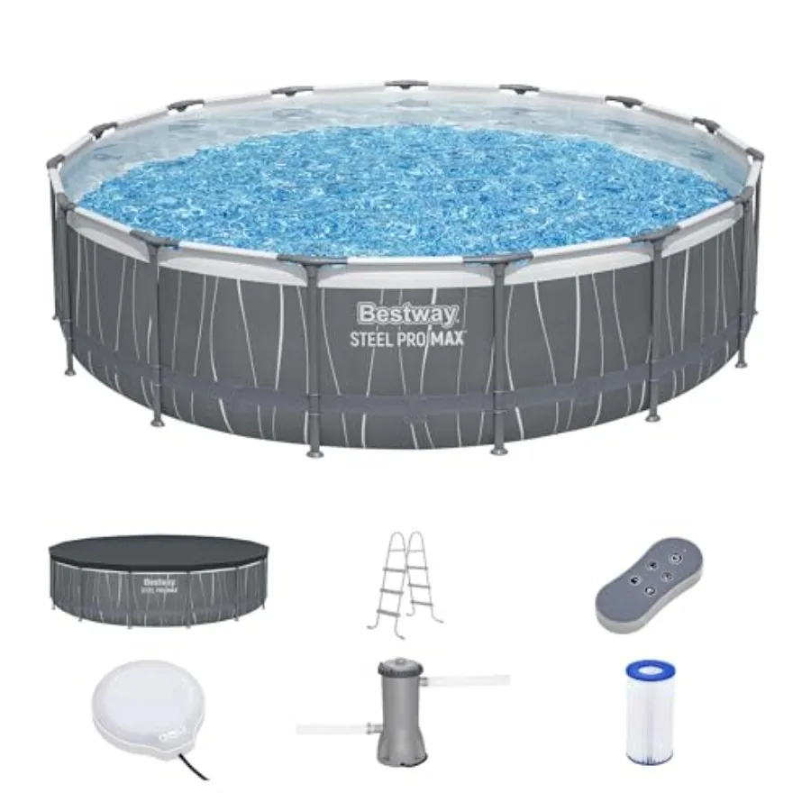 15' x 42" Above Ground Pool, Round Metal Frame Outdoor Swimming Pool Set with LED Light, Filter Pump, Ladder, & Cover, Dark Gray - view 2