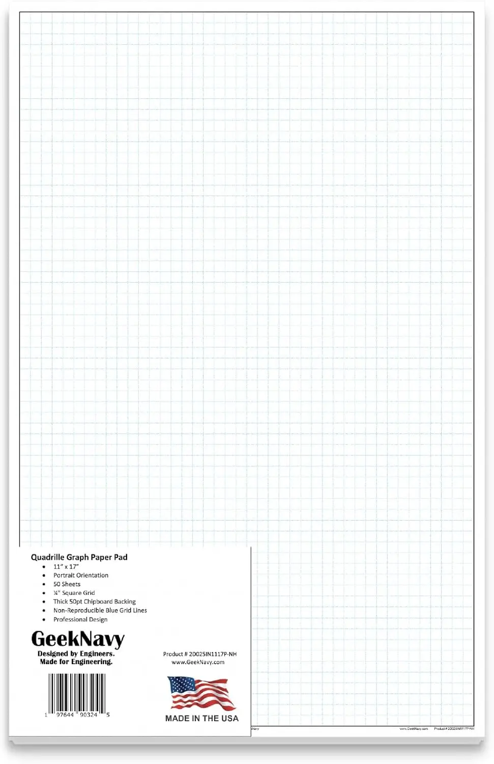 

11" x 17" Quadrille Graph Paper Pad, 50 Sheets, 0.25" 4x4 Grid for Drafting and Blueprint, High Brightness, Border-Outlined