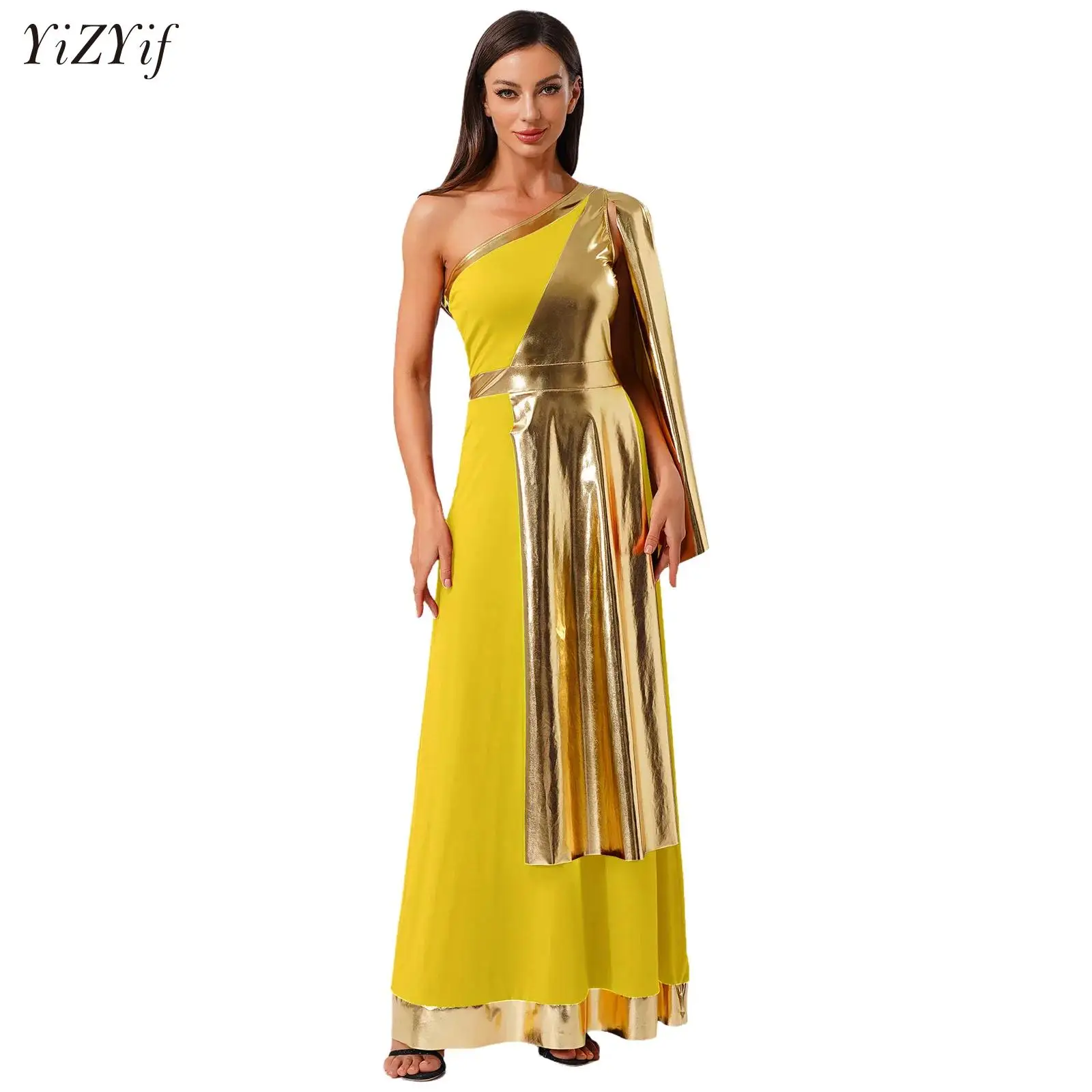 

Womens Ancient Greek Dress Greece Roman Beauty Queen Robe Carnival Halloween Costumes One Shoulder Metallic Toga Cosplay Dress