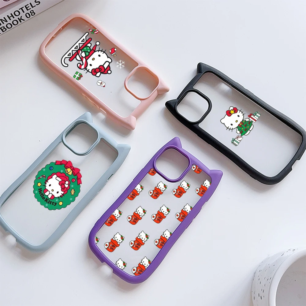 SS177 Hello Kitty Christmas Merry art Cat Ear Soft Phone Cases for iPhone 16 15 14 13 Pro Max Plus Transparent Back Cover