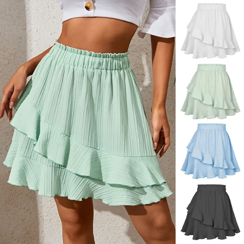 2024 Summer Women's Sweet Vacation Asymmetric High Waist Ruffle Skirt Women Clothes Temperament Female New Fashion A-line Skirts