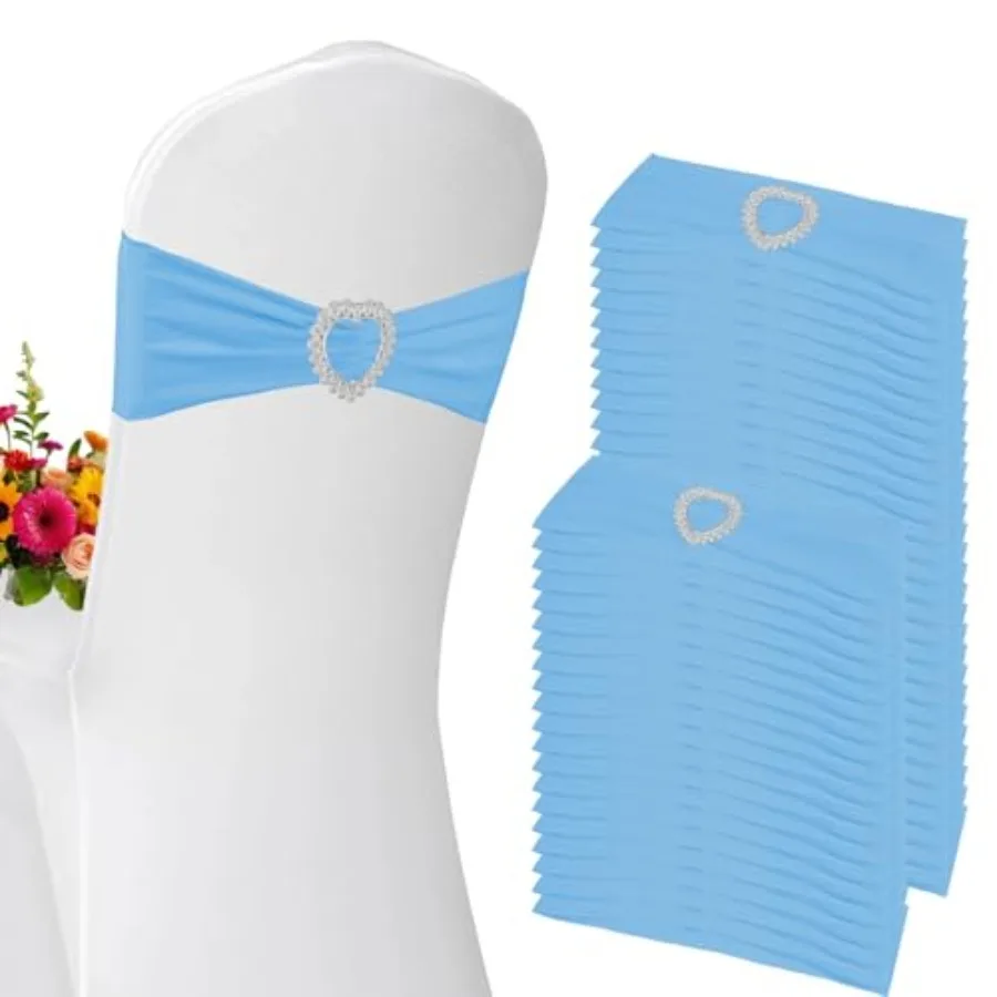 

100 шт. эластичных синих лент-бантов из спандекса для стульев, универсальные эластичные светло-голубые чехлы-ленты для стульев с пряжкой-слайдером для свадеб