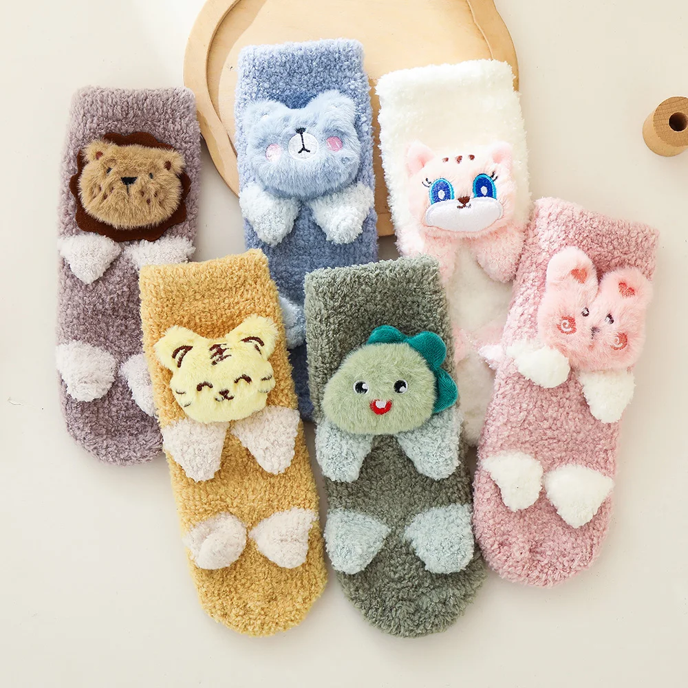 Kids Winter Anti Slip Long Socks With Print Children Boys Girls Toddler Baby Warm Kawaii Funny Cute Plush Fluffy Knee High Sock