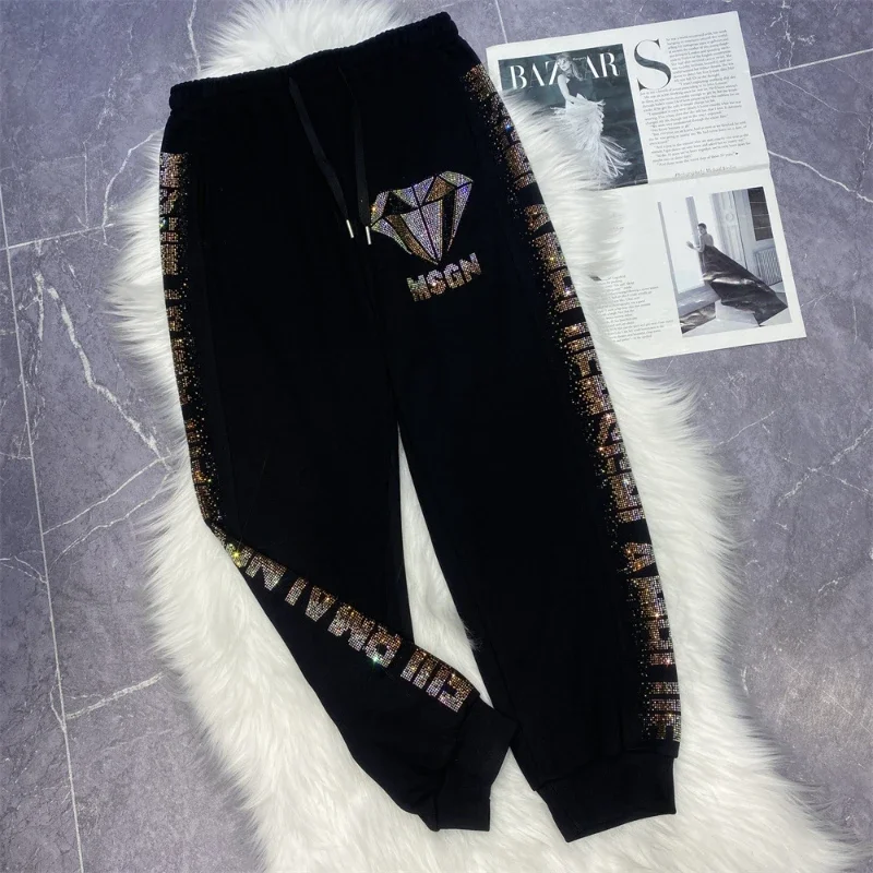 

Shiny Diamonds Hot Drilling Women Sweatshirt 2024 New Spring Autumn All-match Drawstring Elastic Waist Casual Sports Pants