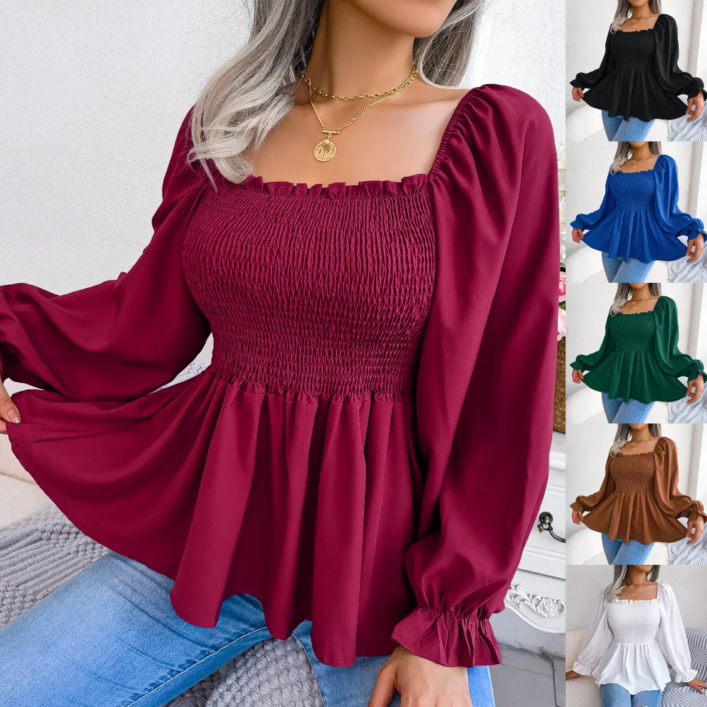 

Spring and Summer Casual Fungus Edge Square Neck Long-sleeved Chiffon Shirt Womens Clothing