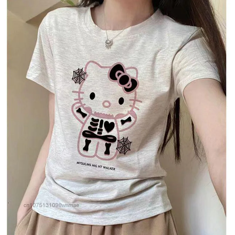 American Hello Kitty Short T-shirt for Women Sanrio Trend Streetwear Punk Style Hallwoeen Skeleton Tees Summer Crop Tops Clothes