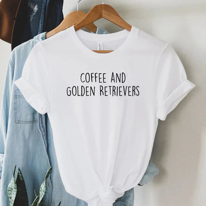 Coffee and Golden Retrievers Shirt Dog Lover Gift T-shirt Female Women\'s Clothing Round Neck Casual Tops Women\'s Clothing Sales