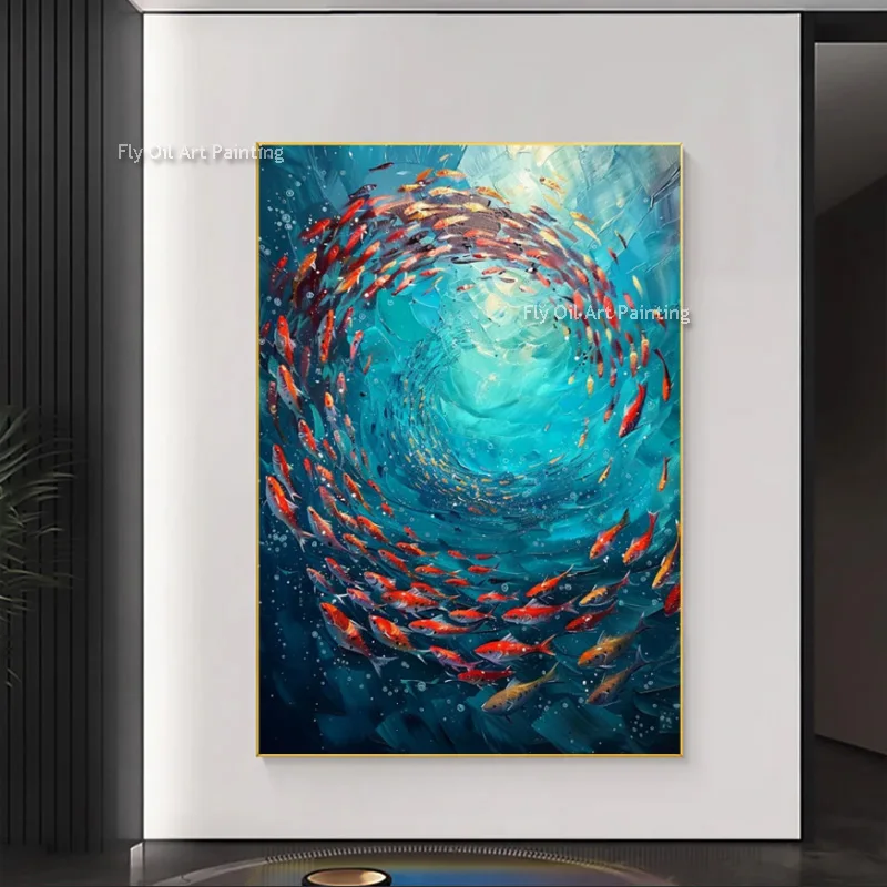 New Design Abstract Deep Sea School Of Fishes Oil Painting Handmade Blue Sea View Thick Canvas Wall Art For Living Room Decor