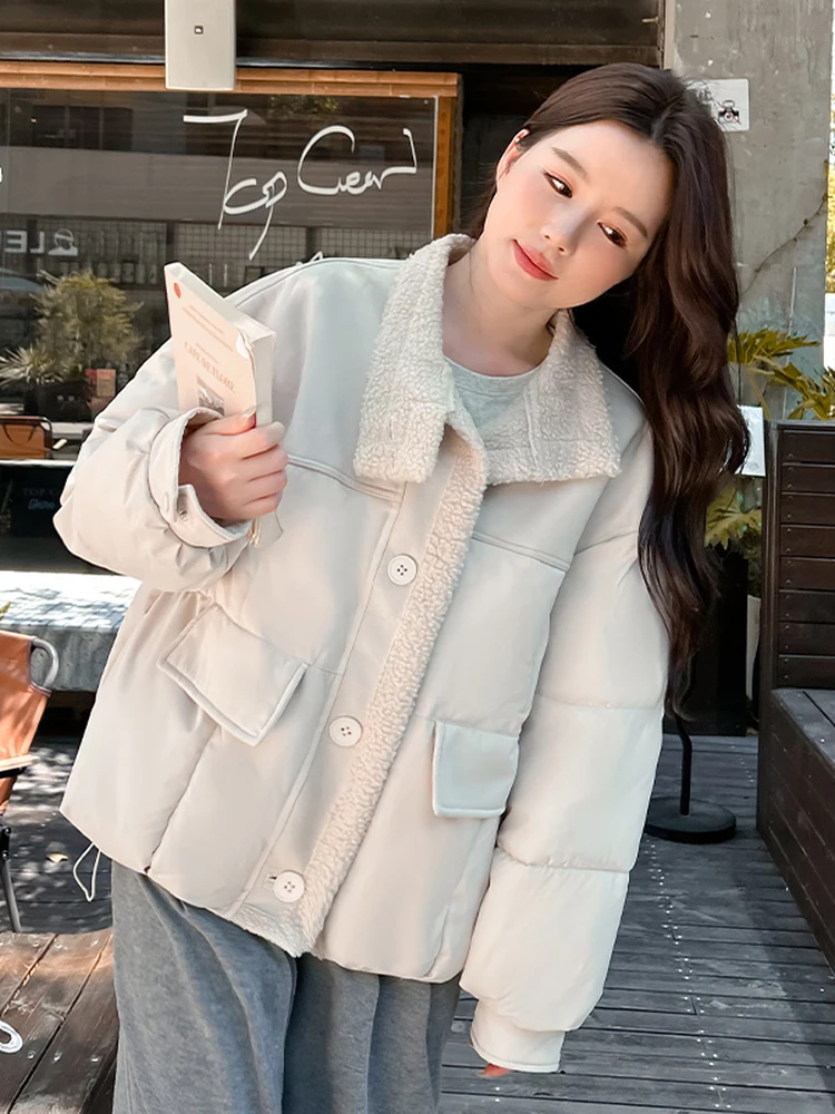 

2025 Winter New Korean Style Loose Thickened Lamb Fur Splicing Cotton Jacket Women Short Stand Collar Cotton Coat Trendy