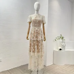 2024 New Nude Floral Embroiidery Shining Sequined Stacked Ruched Lace Patchwork Cascading Midi Dress Women Dresses