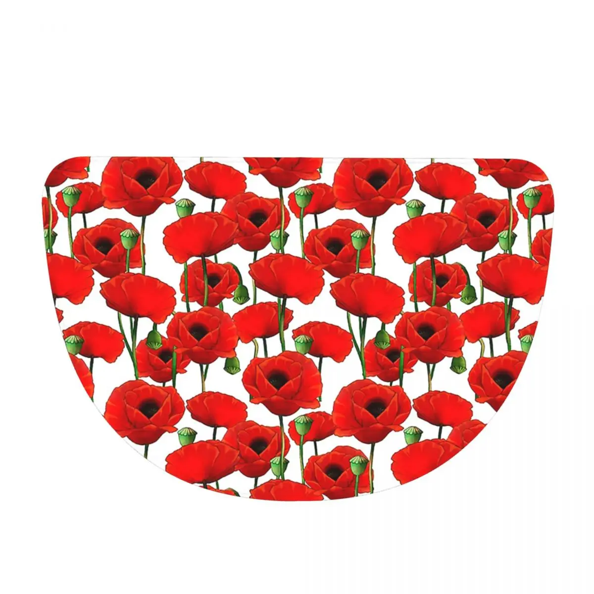 Poppy Pattern Soft Flannel Half Round Doormat Non Slip Bathroom Mat Absorbent Floor Carpet for Home Bedroom