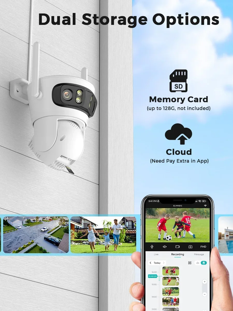 كاميرا واي فاي خارجية 12 ميجابكسل 6K ICsee ثلاث شاشات كاميرا مراقبة للرؤية الليلية زاوية رؤية واسعة للغاية كاميرا أمان بانورامية