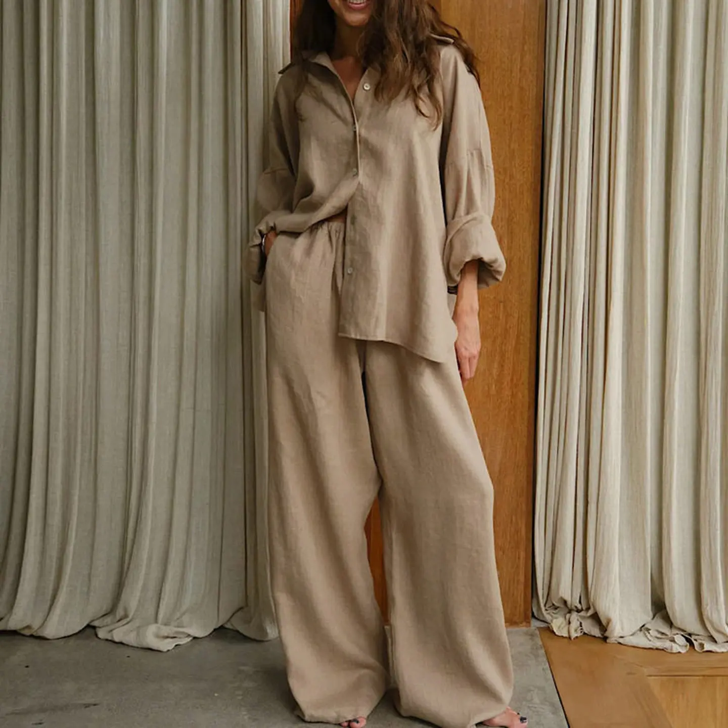 

Women's Pure Cotton Long Sleeve Shirt Wide Leg Pants Casual Set Fashionable Autumn Winter Outfit Comfortable Breathable